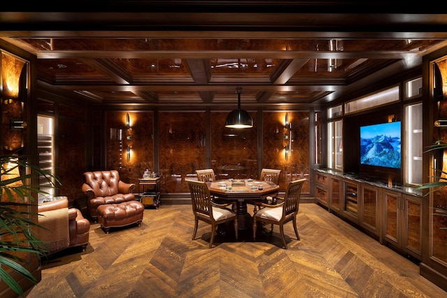 2770 Gale Rd, Woodland, MN 55391 - home theater room with coffered ceiling, wood walls, and ornamental molding