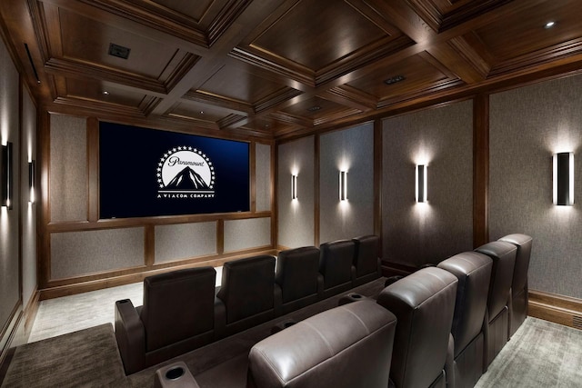 2770 Gale Rd, Woodland, MN 55391 - home theater featuring coffered ceiling, wooden ceiling with exposed beams, baseboards, crown molding, and a decorative wall