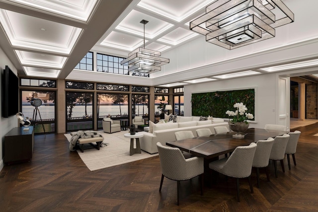 2770 Gale Rd, Woodland, MN 55391 - dining room featuring a towering ceiling and coffered ceiling
