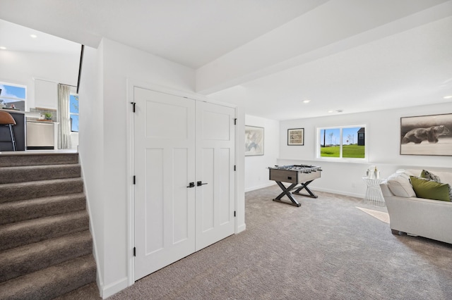 7869 41st St N, Oakdale, MN 55128 - living area featuring carpet, stairs, and recessed lighting