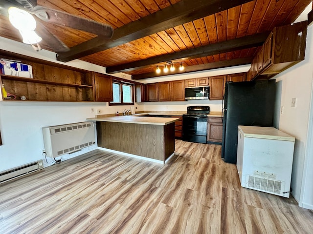56279 350th St, Warroad, MN 56763 - kitchen with black appliances, a peninsula, wood ceiling, heating unit, and light wood finished floors