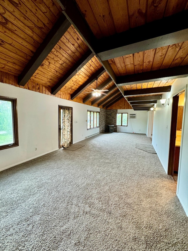 56279 350th St, Warroad, MN 56763 - unfurnished living room featuring wood ceiling, carpet flooring, ceiling fan, and baseboards
