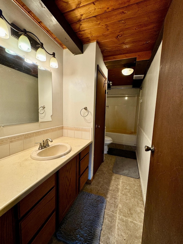 56279 350th St, Warroad, MN 56763 - full bath with wooden ceiling, toilet, vanity, shower / bathtub combination, and tasteful backsplash