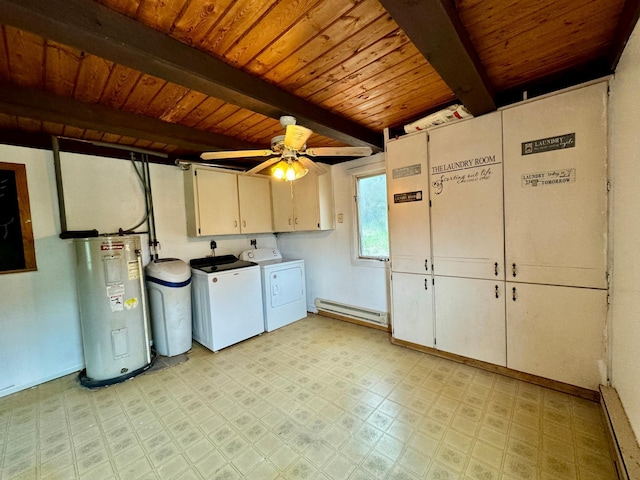 56279 350th St, Warroad, MN 56763 - clothes washing area with cabinet space, electric water heater, independent washer and dryer, wooden ceiling, and a baseboard radiator