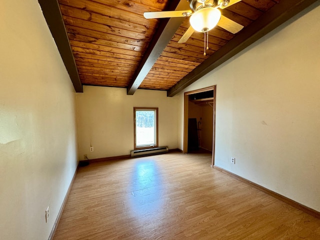 56279 350th St, Warroad, MN 56763 - unfurnished bedroom with wood ceiling, light wood-style floors, a baseboard radiator, and baseboards