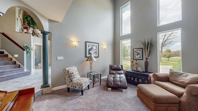 610 Main St, Adams, MN 55909 - sitting room featuring a towering ceiling, carpet, plenty of natural light, stairway, and baseboards