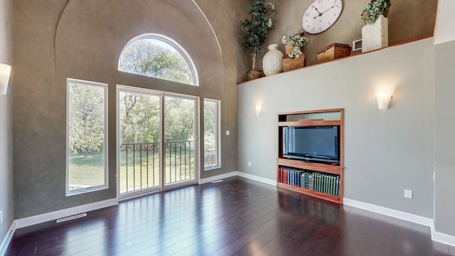 610 Main St, Adams, MN 55909 - unfurnished living room with a high ceiling, wood finished floors, and baseboards