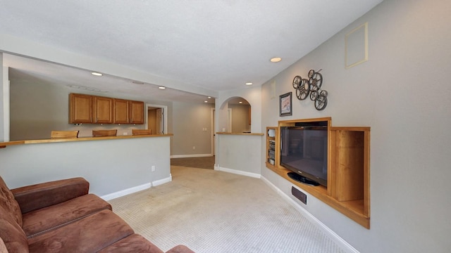 610 Main St, Adams, MN 55909 - living area featuring arched walkways, light carpet, recessed lighting, and baseboards