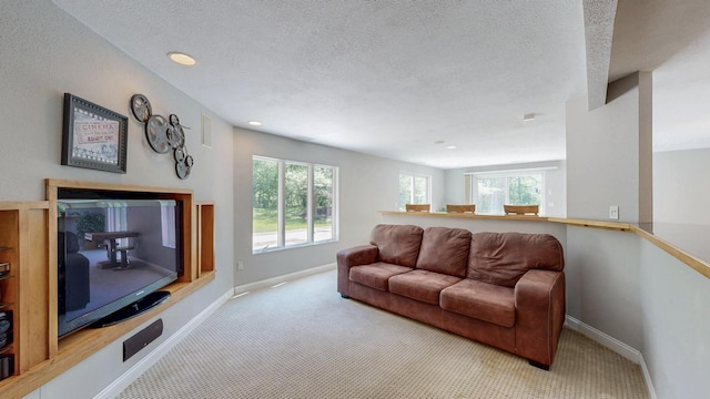 610 Main St, Adams, MN 55909 - carpeted living room with baseboards, a textured ceiling, and recessed lighting
