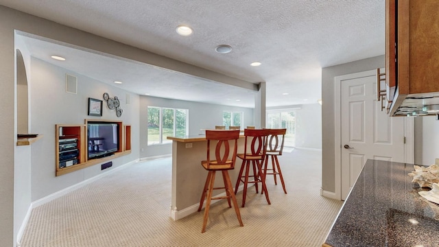 610 Main St, Adams, MN 55909 - kitchen with light carpet, baseboards, a kitchen bar, recessed lighting, and a textured ceiling