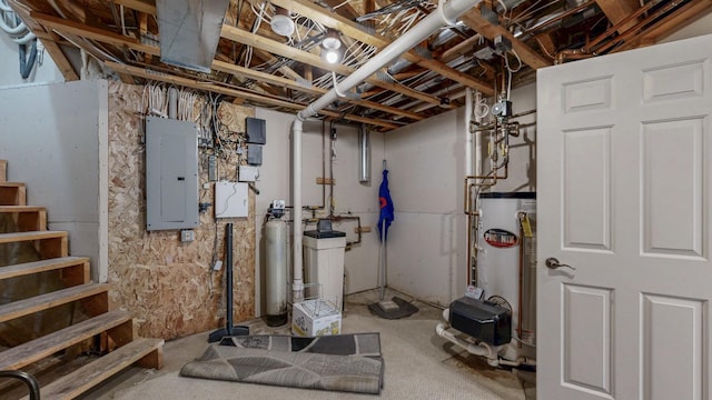 610 Main St, Adams, MN 55909 - unfinished basement featuring electric panel, water heater, a water softener, and stairs