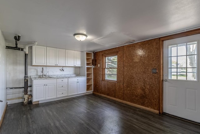 468 Washington St, Le Center, MN 56057 - kitchen featuring a sink, dark wood-style floors, baseboards, and white cabinets