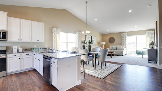 8852 Jorgensen Ave S, Cottage Grove, MN 55016 - kitchen with stainless steel appliances, a sink, a peninsula, open floor plan, and high vaulted ceiling