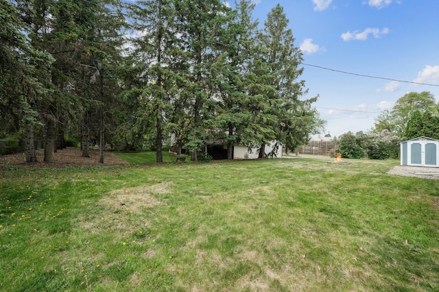view of grassy yard featuring a shed and an outbuilding
