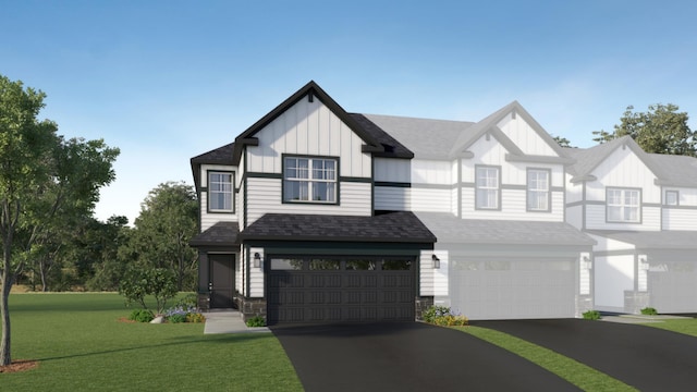 view of front of house featuring board and batten siding, a garage, asphalt driveway, a front lawn, and stone siding