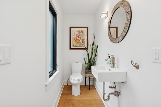 124 Paisley Ln, Golden Valley, MN 55422 - bathroom featuring wood finished floors, toilet, baseboards, and a sink