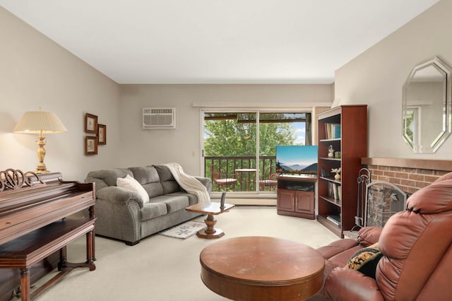 4201 Lakeside Ave N Unit 317, Brooklyn Center, MN 55429 - living room featuring light colored carpet, an AC wall unit, a baseboard radiator, and a brick fireplace