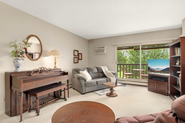 4201 Lakeside Ave N Unit 317, Brooklyn Center, MN 55429 - living room featuring baseboard heating, light carpet, and an AC wall unit