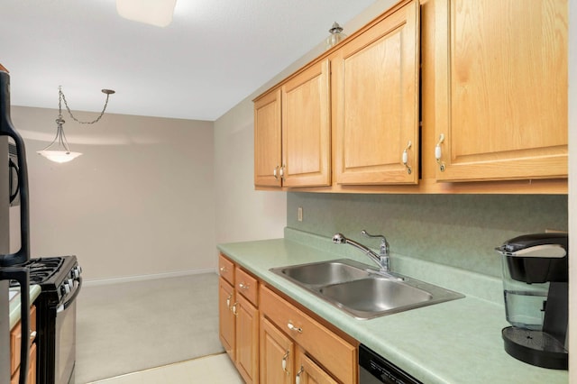 4201 Lakeside Ave N Unit 317, Brooklyn Center, MN 55429 - kitchen with gas range, a sink, light carpet, light countertops, and light brown cabinets