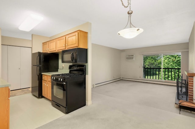 4201 Lakeside Ave N Unit 317, Brooklyn Center, MN 55429 - kitchen featuring black appliances, a wall mounted air conditioner, light countertops, light brown cabinets, and decorative light fixtures