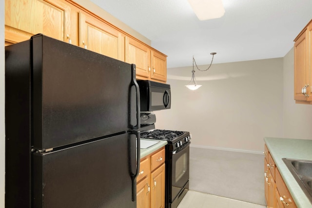 4201 Lakeside Ave N Unit 317, Brooklyn Center, MN 55429 - kitchen featuring black appliances, light brown cabinets, light carpet, a sink, and light countertops