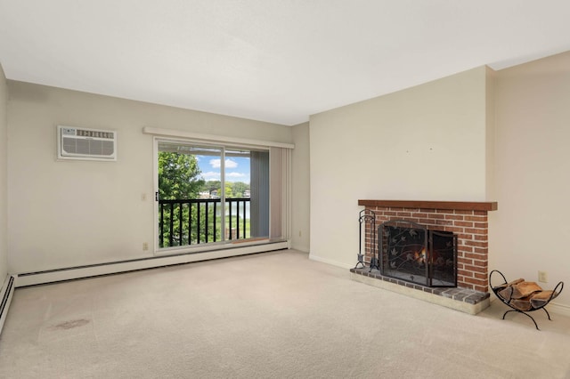 4201 Lakeside Ave N Unit 317, Brooklyn Center, MN 55429 - unfurnished living room featuring a baseboard radiator, carpet flooring, a wall mounted air conditioner, and a brick fireplace