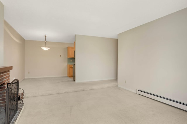 4201 Lakeside Ave N Unit 317, Brooklyn Center, MN 55429 - unfurnished living room with a fireplace, a baseboard radiator, light carpet, and baseboards