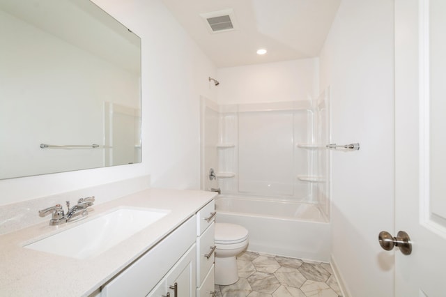 full bathroom with toilet, recessed lighting, vanity, and shower / tub combination