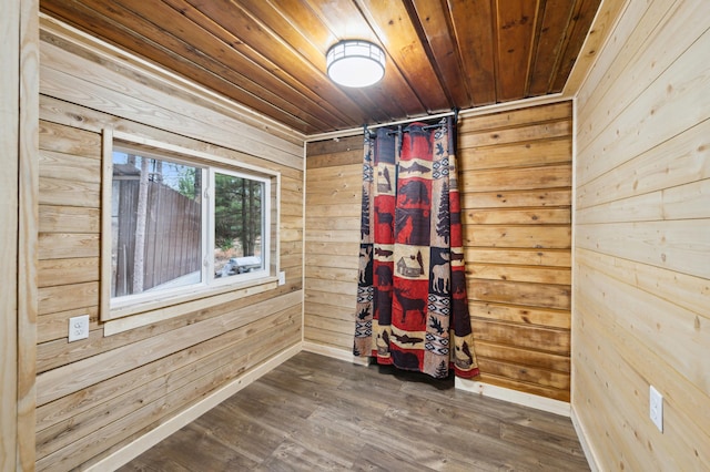 24625 Fosmo Dr, La Follette Twp, WI 54893 - spare room featuring wooden ceiling, wood walls, dark wood finished floors, and baseboards