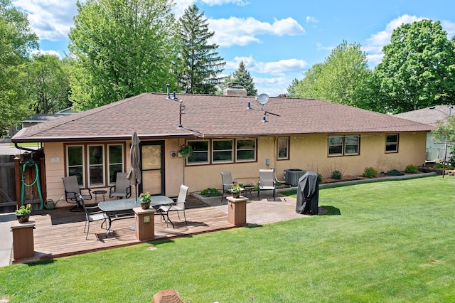 8007 5th St NE, Spring Lake Park, MN 55432 - rear view of house with a shingled roof, a deck, central AC, and stucco siding