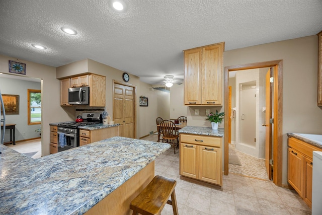 8007 5th St NE, Spring Lake Park, MN 55432 - kitchen with stainless steel appliances, a textured ceiling, baseboards, ceiling fan, and light stone counters