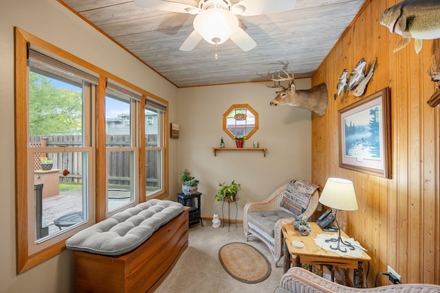 8007 5th St NE, Spring Lake Park, MN 55432 - sitting room with wood walls, carpet, ornamental molding, baseboards, and ceiling fan