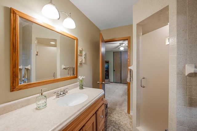 8007 5th St NE, Spring Lake Park, MN 55432 - full bathroom with vanity, ceiling fan, and a shower stall