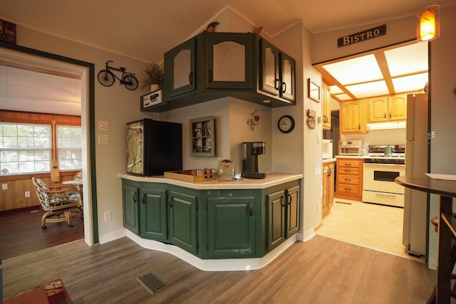 32741 Lakes Trl Unit 11A, Chisago Lake Twp, MN 55045 - kitchen with light wood-style flooring, under cabinet range hood, white appliances, and light countertops