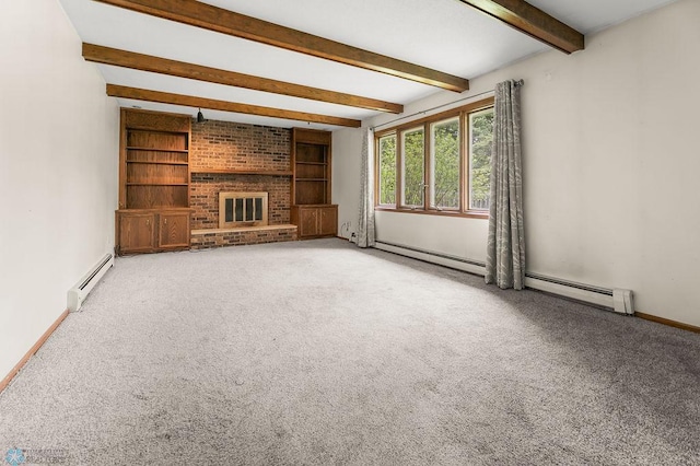 3667 Evergreen Rd N, Fargo, ND 58102 - unfurnished living room featuring a baseboard radiator, beam ceiling, carpet flooring, a fireplace, and baseboards