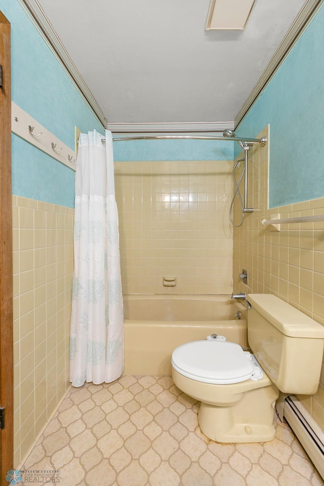 3667 Evergreen Rd N, Fargo, ND 58102 - bathroom featuring a baseboard heating unit, tile walls, shower / bath combo, toilet, and ornamental molding