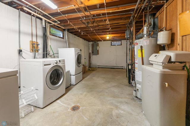 3667 Evergreen Rd N, Fargo, ND 58102 - basement with gas water heater, washer and dryer, electric panel, a water softener, and baseboard heating