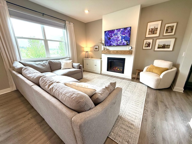 1072 Shoreview Dr, Jordan, MN 55352 - living area with baseboards, wood finished floors, a glass covered fireplace, and recessed lighting