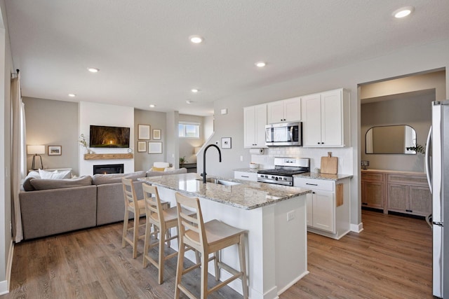 1072 Shoreview Dr, Jordan, MN 55352 - kitchen featuring a sink, appliances with stainless steel finishes, open floor plan, light wood finished floors, and light stone counters