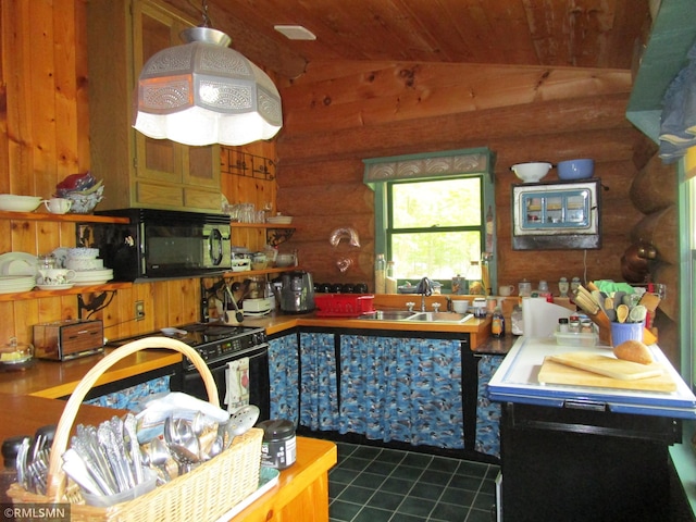 kitchen with black appliances, wooden ceiling, vaulted ceiling, rustic walls, and a sink