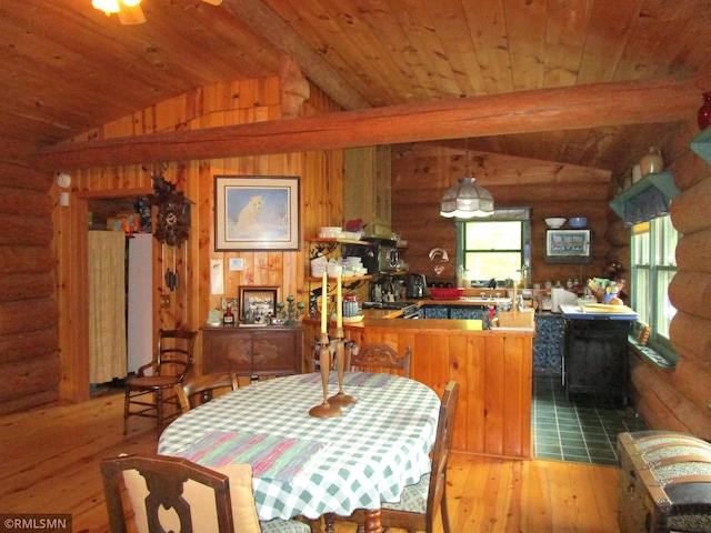 dining space featuring wood-type flooring, log walls, a wood stove, and wooden ceiling