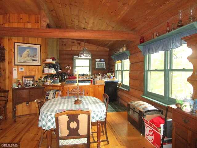 dining space featuring log walls, wood ceiling, and light wood finished floors