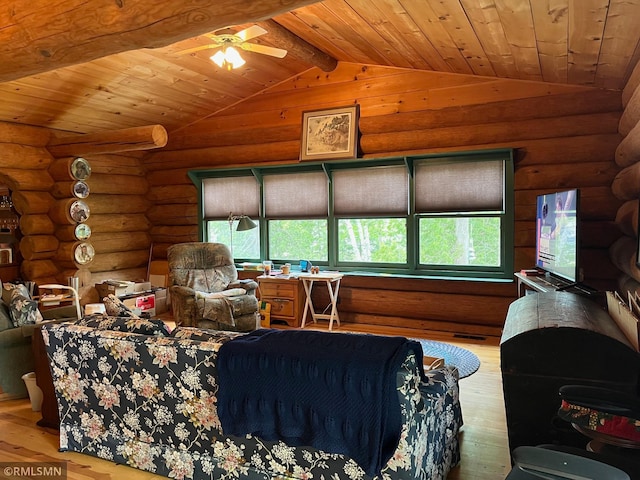 living room featuring hardwood / wood-style floors, wood ceiling, rustic walls, and ceiling fan