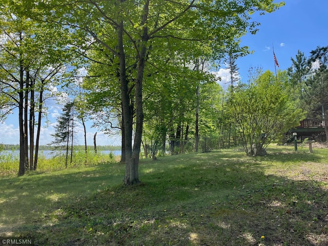 view of green lawn with a water view