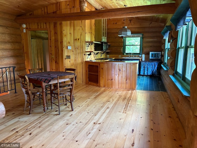 4701 Shangri La Dr NE, Wabedo Twp, MN 56655 - kitchen featuring log walls, light wood finished floors, a peninsula, and wood ceiling
