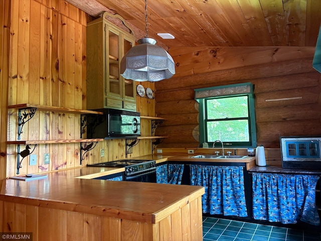 4701 Shangri La Dr NE, Wabedo Twp, MN 56655 - kitchen featuring black appliances, rustic walls, wooden ceiling, tile patterned floors, and vaulted ceiling