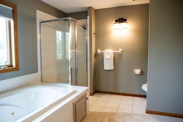 2505 Christian Dr, Chaska, MN 55318 - full bath featuring a tub with jets, a stall shower, toilet, tile patterned floors, and baseboards