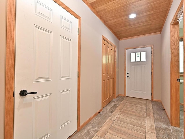 33272 Big Pine Trl, Grand Rapids, MN 55744 - doorway to outside featuring wooden ceiling, baseboards, ornamental molding, and recessed lighting