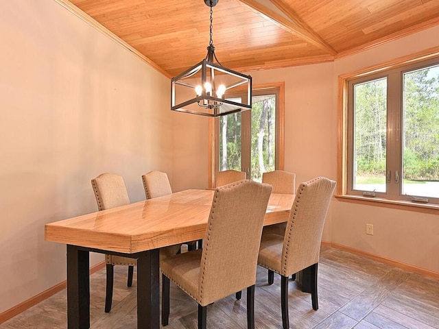 33272 Big Pine Trl, Grand Rapids, MN 55744 - dining space featuring wood ceiling, a chandelier, baseboards, and ornamental molding