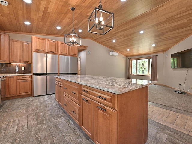 33272 Big Pine Trl, Grand Rapids, MN 55744 - kitchen with wooden ceiling, freestanding refrigerator, vaulted ceiling, a chandelier, and recessed lighting